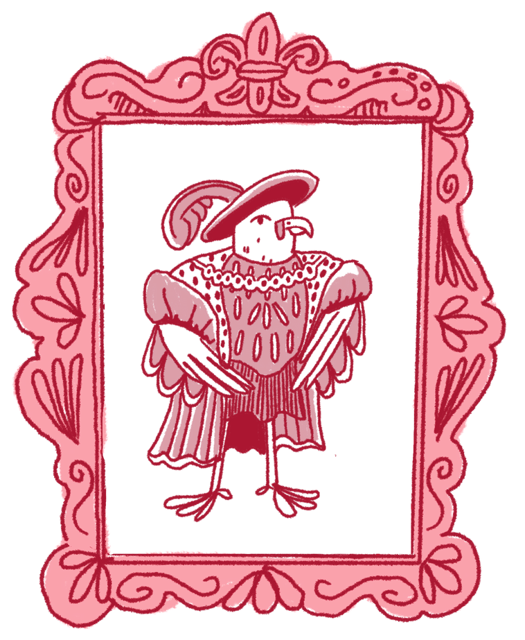 Bird in ornate frame, wearing regal clothing and a hat, with a stern expression.