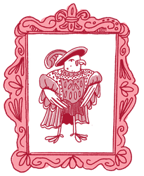 Bird wearing a fancy costume, framed in ornate pink.