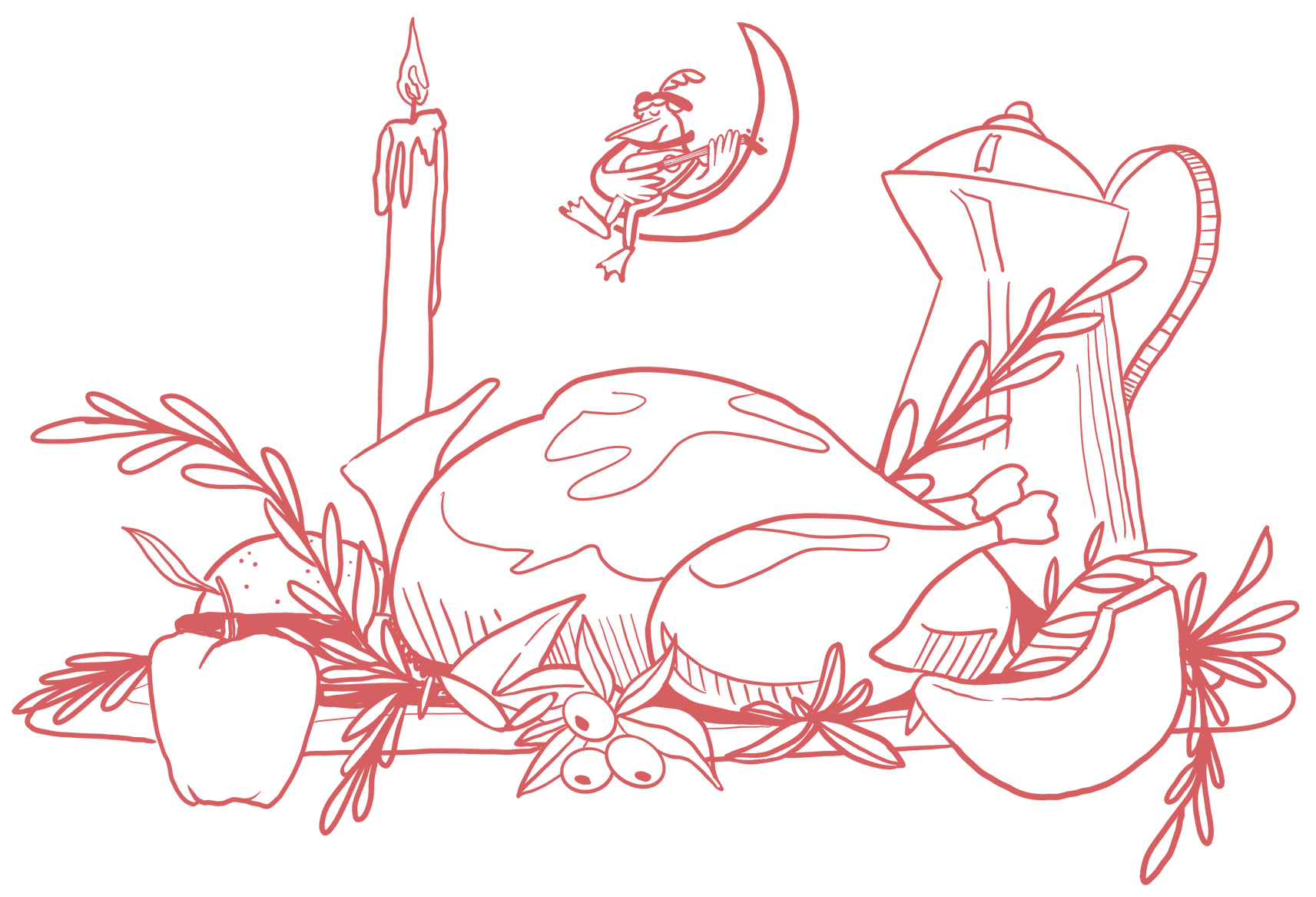 Thanksgiving feast, featuring a turkey, fruits, a teapot, and a whimsical creature on a crescent moon.