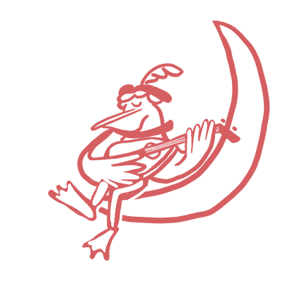 Red line drawing of a smiling bird perched on a crescent moon, playing a guitar