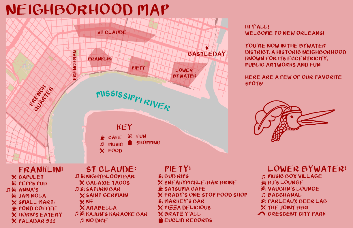 Neighborhood map of New Orleans with highlighted areas and favorite spots.