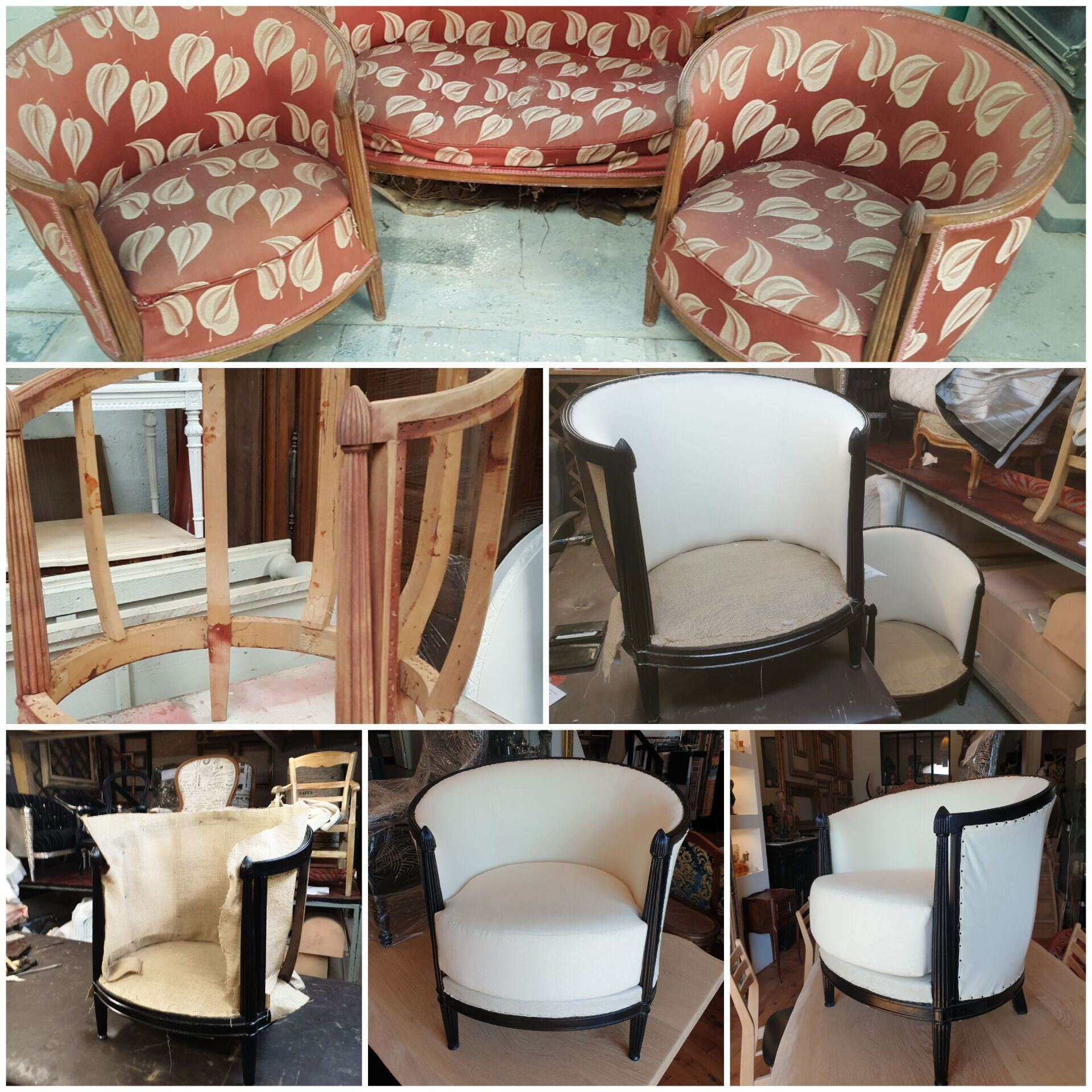 Restauration siège ancien avec tissu blanc