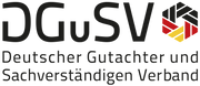Logo for the Deutscher Gutachter und Sachverständigen Verband (DGuSV), with text and German flag colors.