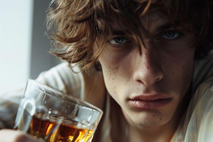 Mann mit zerzaustem braunem Haar, hält ein Glas bernsteinfarbene Flüssigkeit, intensiver Blick.