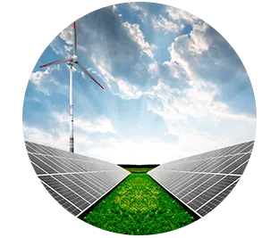 Un círculo con paneles solares y una turbina eólica al fondo.