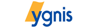 Un logotipo azul y amarillo para ygnis sobre un fondo blanco.