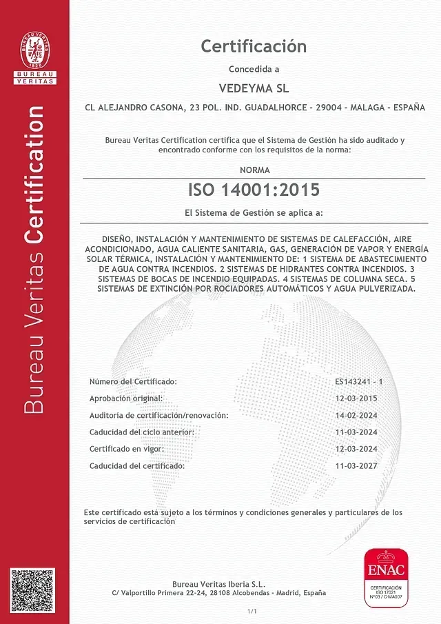 Es un certificado que dice ISO 14001:2015.