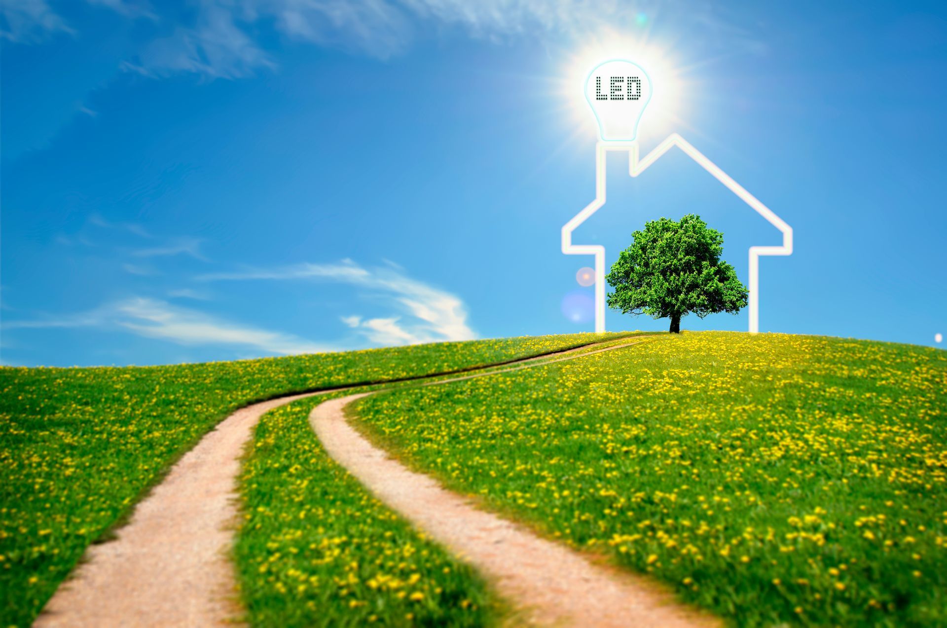 Arbre et picto en forme de maison avec sigle LED lumineux 