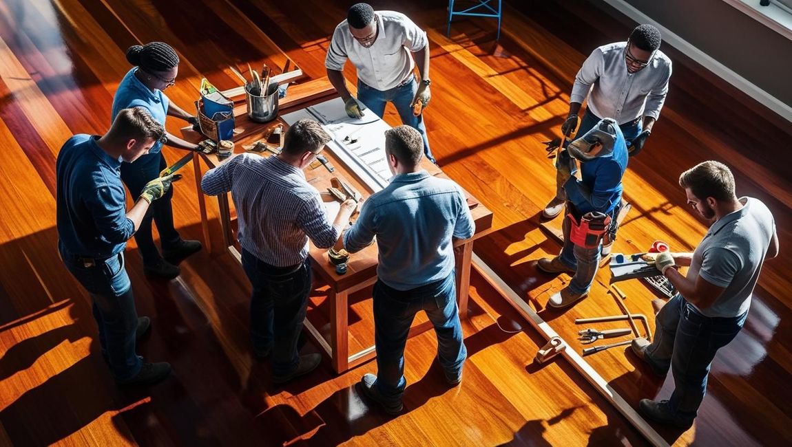 Un gruppo di persone è in piedi attorno a un tavolo di legno.