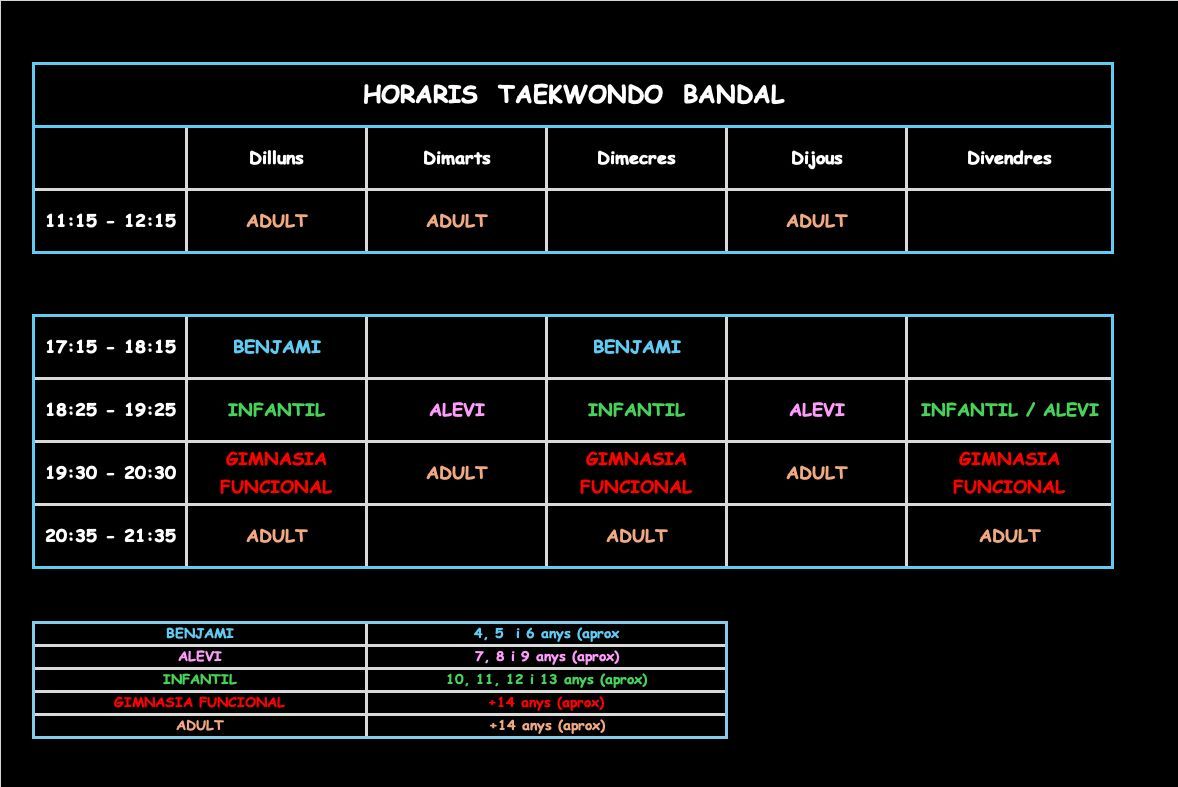 Horario de entrenamiento de Taekwondo, incluyendo horarios, días y grupos de edad: Adultos, Junior y Pre-Junior.