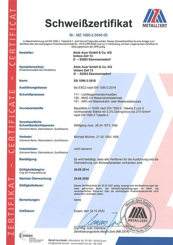 Deutsches Schweißerzertifikat mit Logo, detaillierten Angaben zu Qualifikationen und Zulassungen.