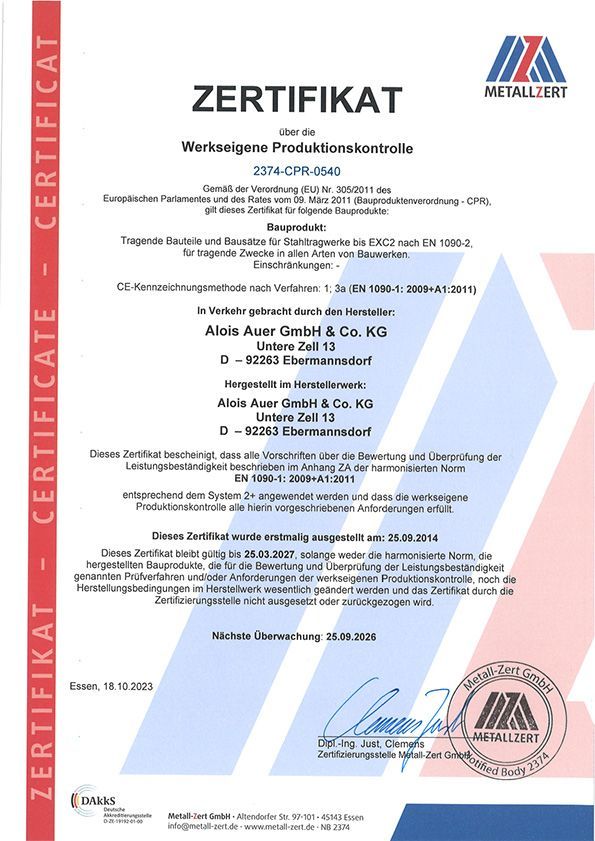 Zertifikat mit deutschem Text und Logo, ausgestellt von Metallzert.