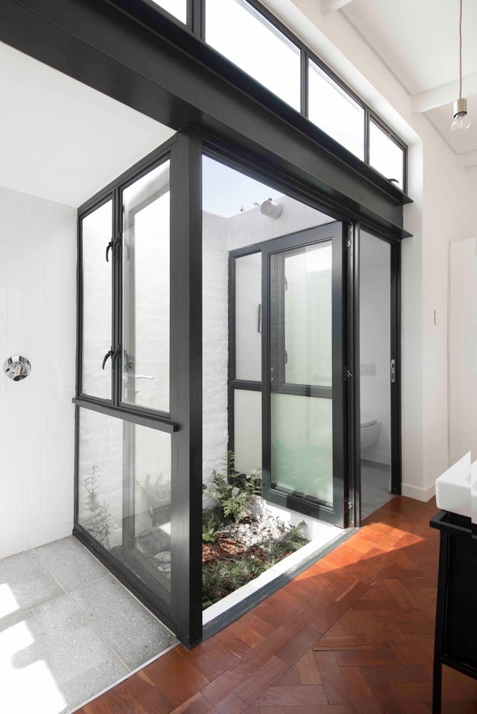 Ducha con mampara de cristal y plantas en su interior, estructura de metal negro y diseño minimalista moderno.