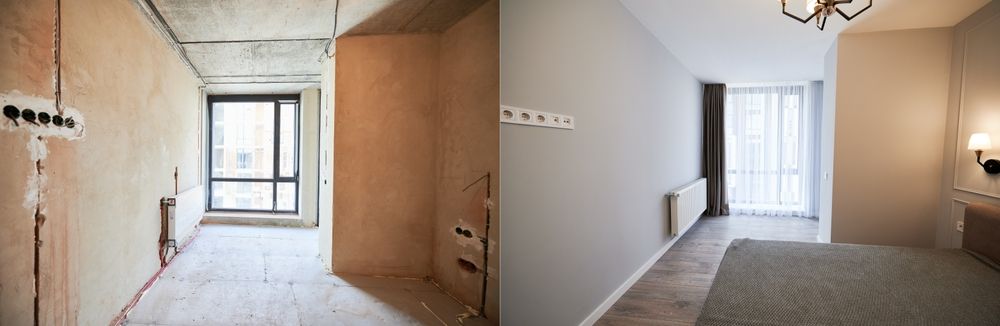 Antes y después de la renovación de una habitación, mostrando la construcción en bruto y un dormitorio terminado.