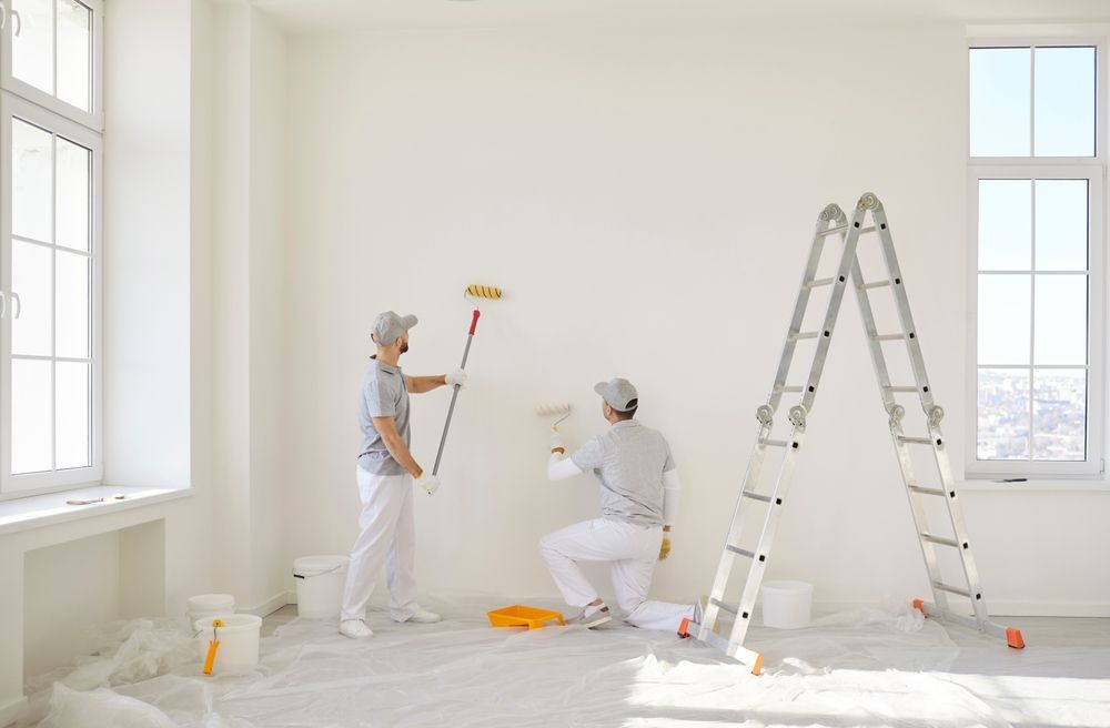 Dos pintores con monos blancos pintan una pared blanca en una habitación, usando rodillos y con escaleras a disposición.