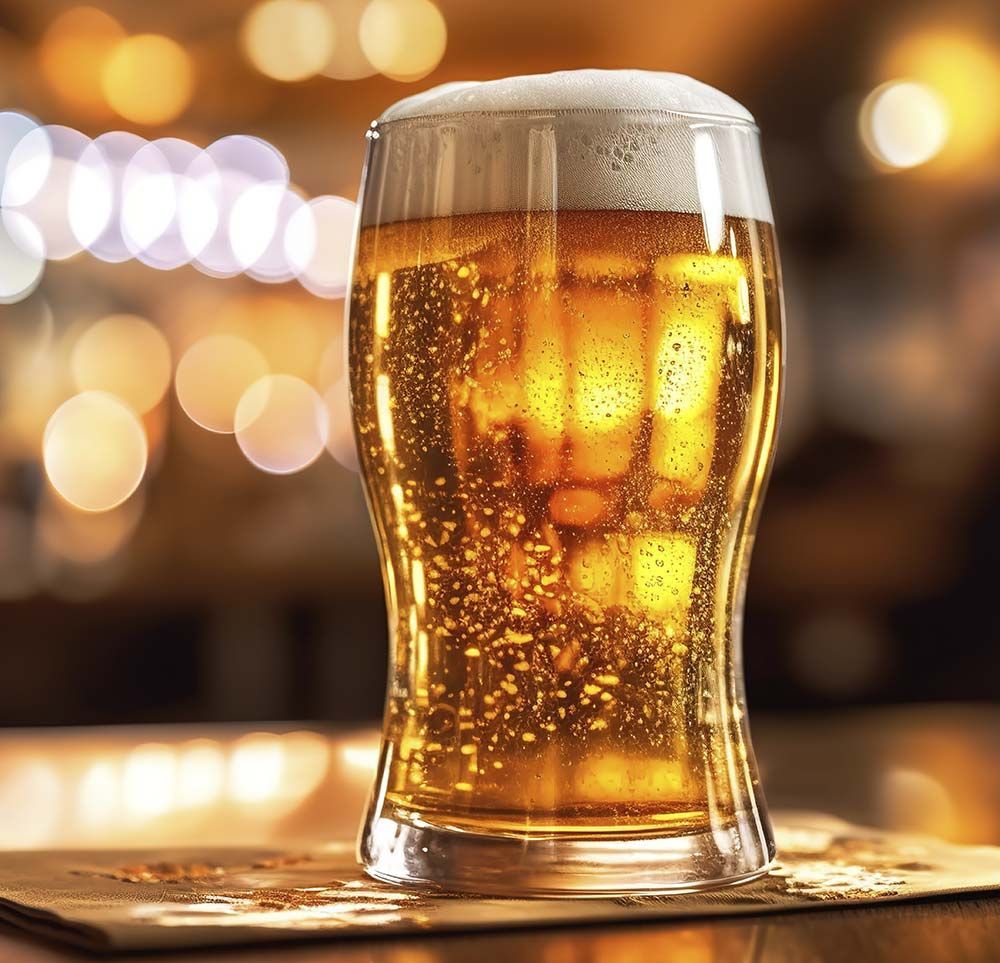 Un vaso de cerveza está sobre una mesa de madera.