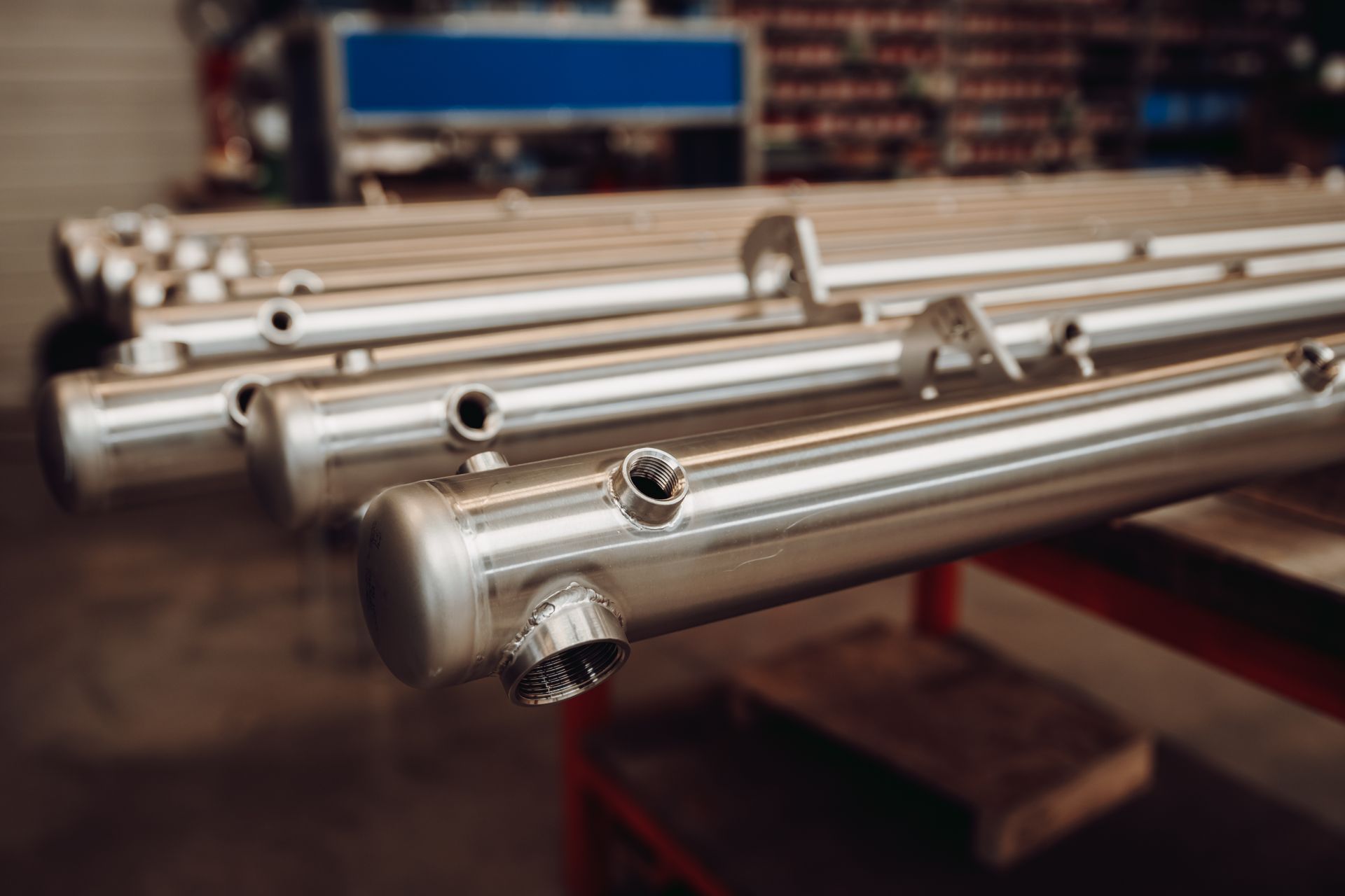 Gros plan sur plusieurs tubes métalliques brillants avec raccords soudés dans un environnement d'usine