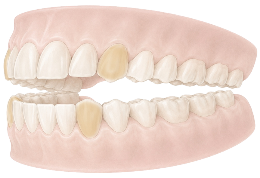 Zahnschema mit hervorgehobenen Eckzähnen zur Darstellung eines Zahnsegments nach Meridianlehre