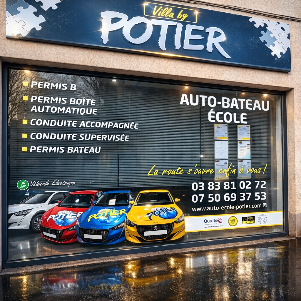 Voiture bleue garée devant un bâtiment rouge, avec une voiture grise visible.