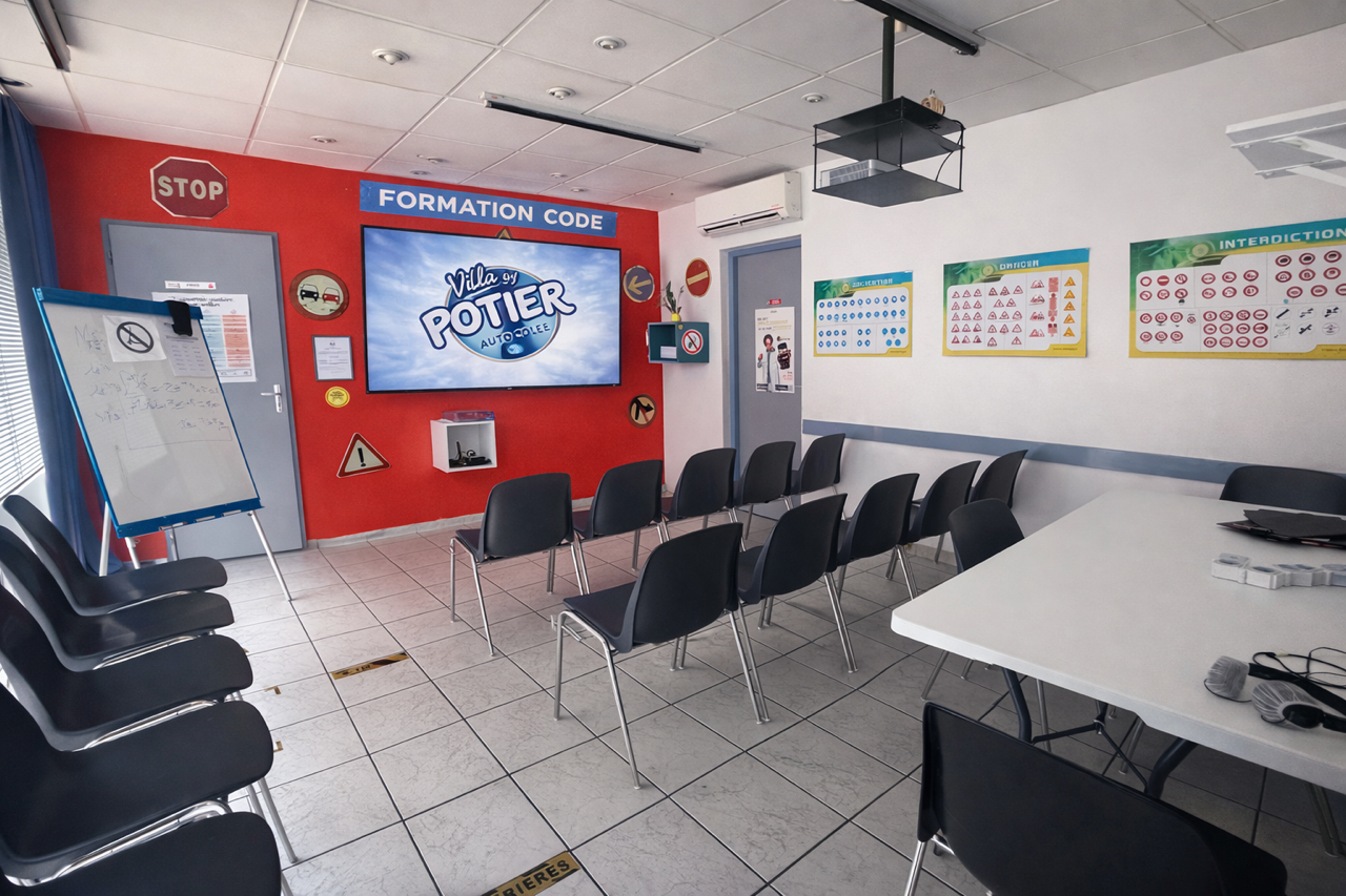 Salle de classe d'auto-école avec des rangées de chaises, un tableau blanc et un écran.