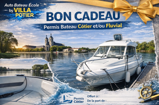 Bon cadeau pour permis bateau, représentant un bateau à quai sur fond de paysage.