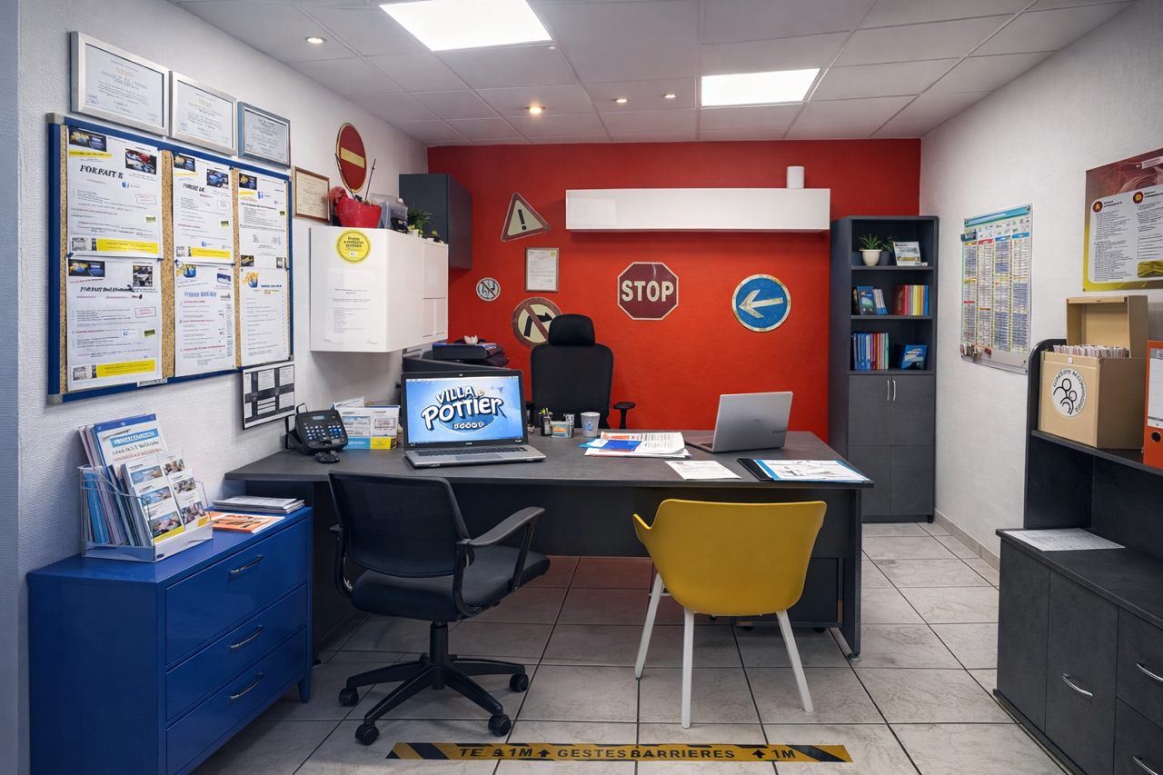 Bureau de l'auto-école : bureau avec ordinateur portable, panneaux de signalisation sur un mur rouge, armoires de rangement.