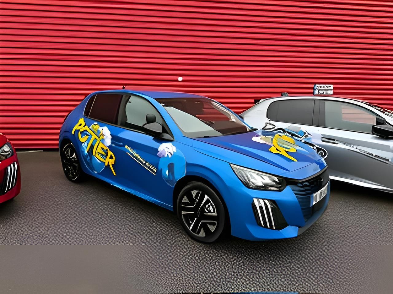 Voiture bleue garée devant un bâtiment rouge, avec une voiture grise visible.