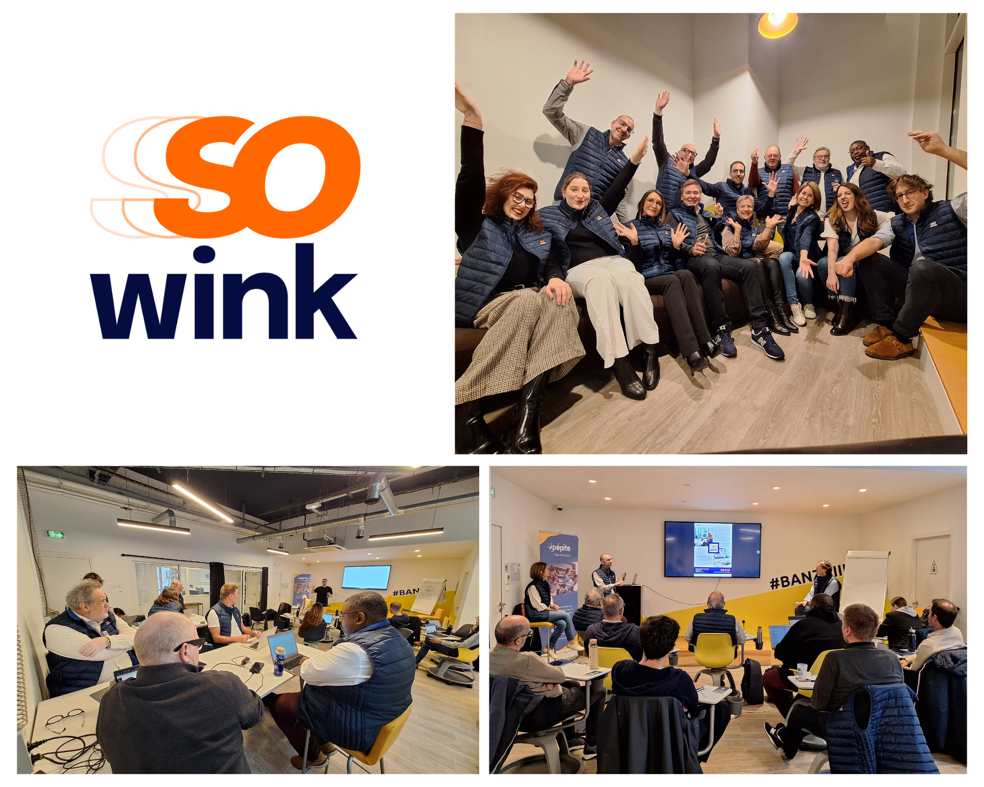 Un montage de photos présentant le logo So Wink et un groupe de professionnels participant à une réunion et une session de formation.