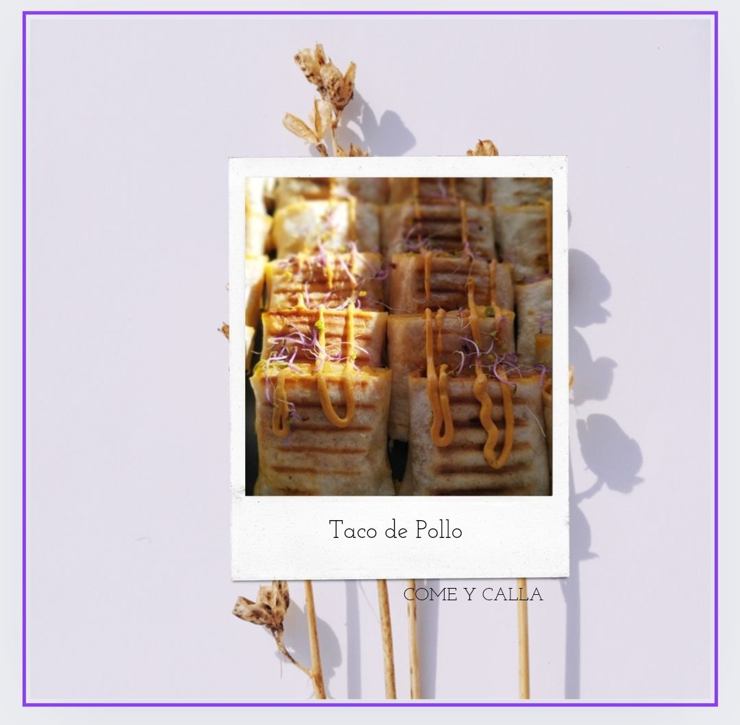 Una fotografía Polaroid de una brocheta de pollo con un borde morado.