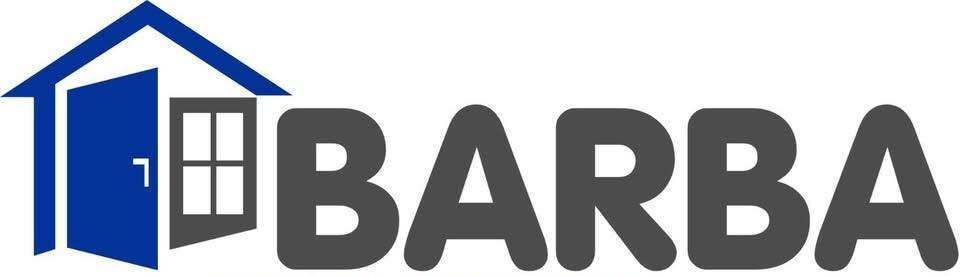Logotipo de una casa azul con una cerradura y la palabra “BARBA” en gris.