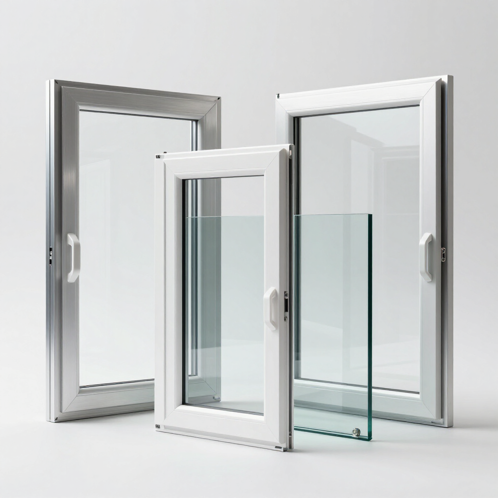 Tres marcos de ventana modernos, uno abierto, con paneles de vidrio transparente sobre un fondo blanco.