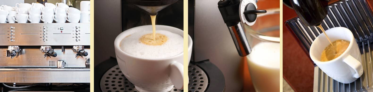 Preparación de café con una máquina de espresso: una taza llenándose con una bebida cremosa y una taza sobre un posavasos.