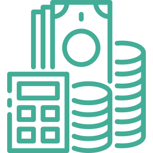A line drawing of a calculator , money , and coins.