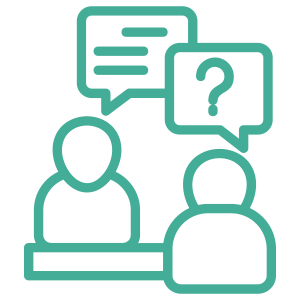 Two people are talking to each other with speech bubbles and a question mark.