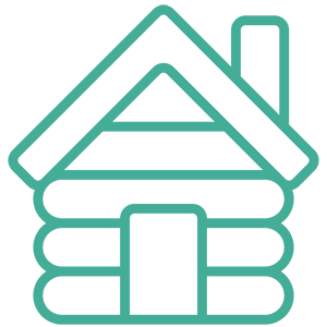 A line drawing of a log cabin with a chimney on the roof.
