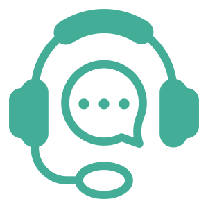 A green icon of a headset with a microphone and a speech bubble.