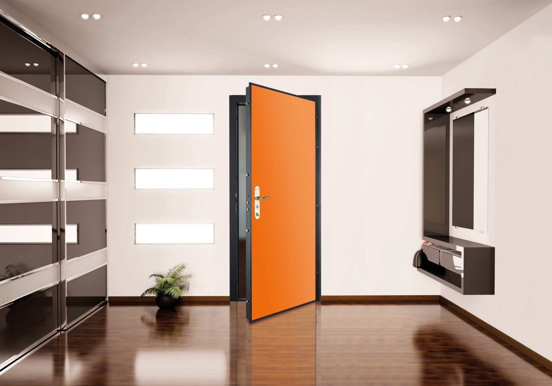 Chambre moderne avec porte orange ouverte, placard et étagère murale.