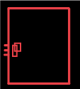 Un carré noir est entouré d'un carré rouge, avec trois petits rectangles rouges et une ligne de trois traits verticaux rouges dans le coin inférieur gauche.