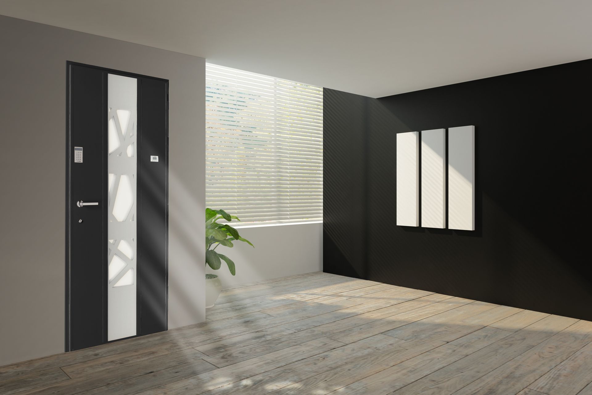 Intérieur avec une porte moderne noire et blanche, un parquet et une œuvre d'art sur un mur noir.
