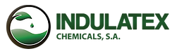 Logotipo da Indulatex Chemicals, SA com texto verde, um símbolo circular com folhas verdes.
