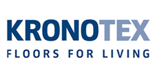Logotipo para pisos Kronotex, com o nome em azul e o slogan 
