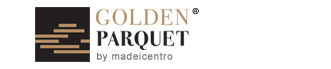 Logotipo Golden Parquet com um quadrado escuro e tábuas de madeira horizontais.