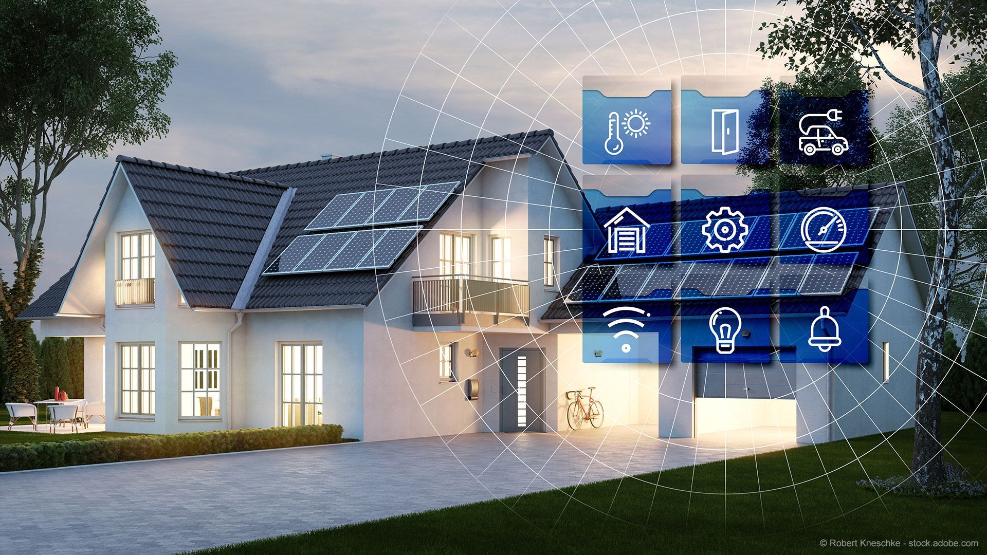 Ein modernes Haus mit Solarpaneelen, überlagert von einem Raster blauer Smart-Home-Symbole.