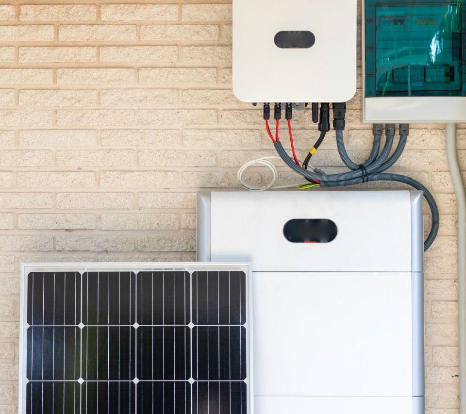 Ein Solarpanel ist an einem weißen Kasten an einer Ziegelwand befestigt.