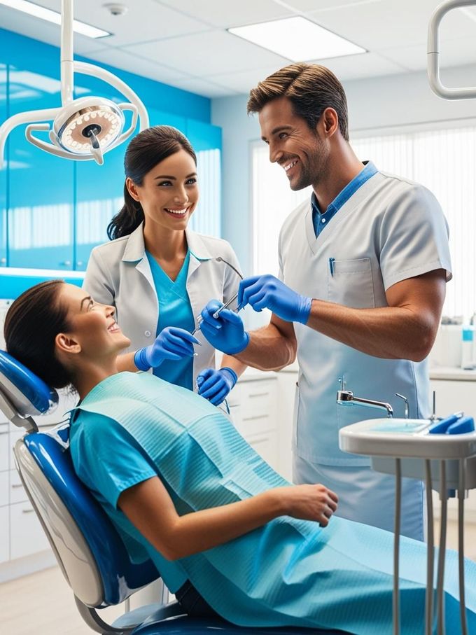 Una donna è seduta su una poltrona del dentista e parla con due dentisti