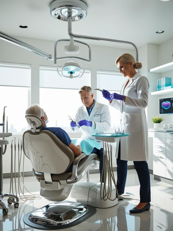 Due dentisti stanno lavorando su un paziente in uno studio dentistico.