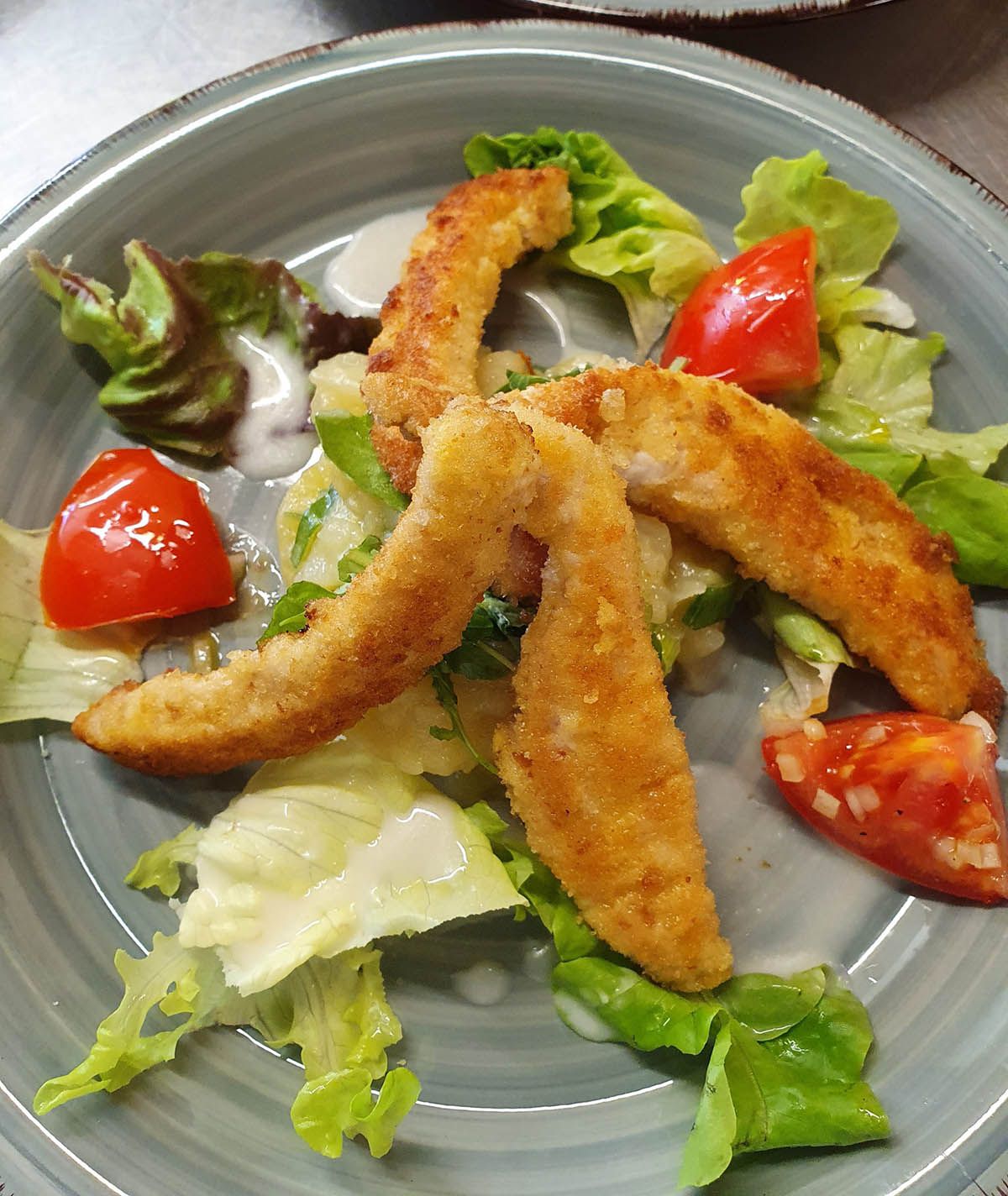 Streifenschnitzel auf Kartoffel-Gurkensalat