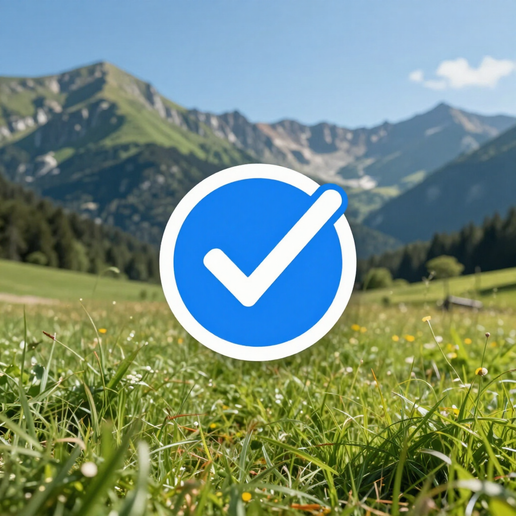 Blaues Häkchen-Symbol über einer grünen Bergwiese mit verschwommenen Gipfeln im Hintergrund