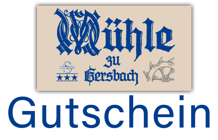 Mühle zu Gersbach-Logo über dem Wort „Gutschein“ auf beigem Hintergrund