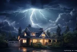 Blitzschutzbau Beidinger, beleuchtetes Haus, Blitz im Hintergrund, dramatische Wolken, Abend